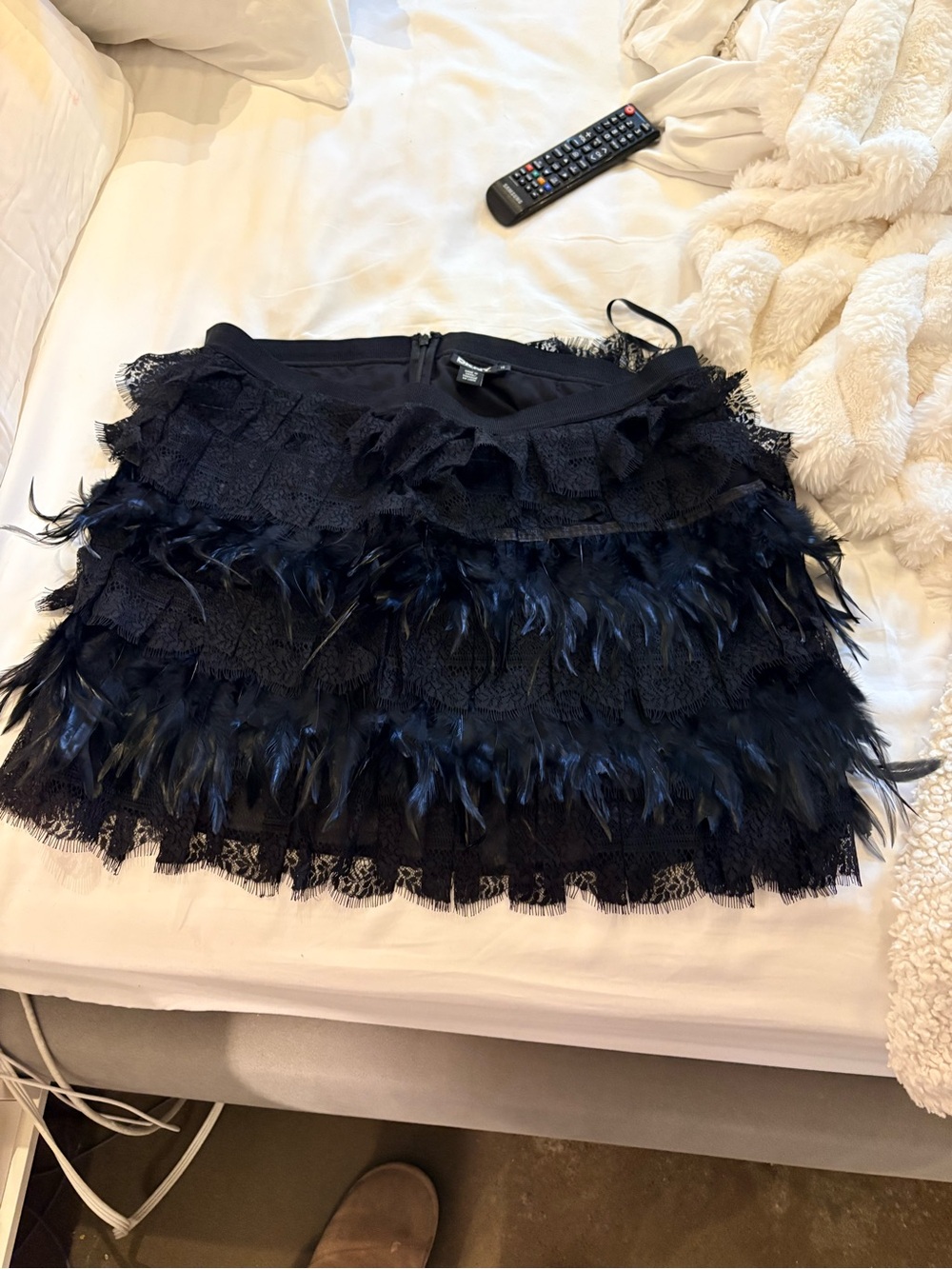 DKNY Black Feather & Lace Tiered Mini Skirt